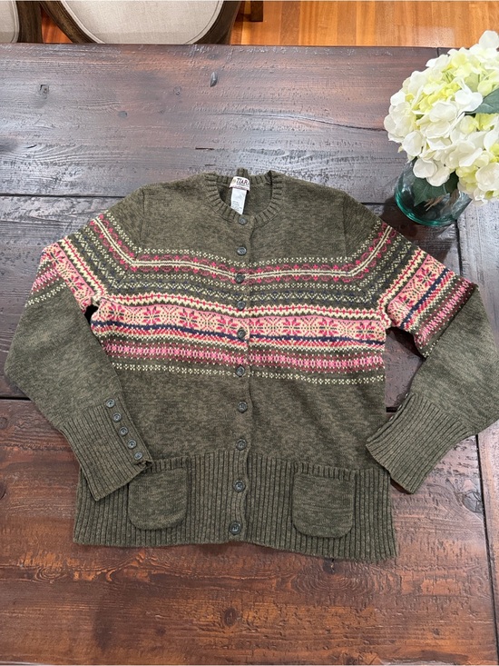Tiara International Sweaters - Vintage Tiara Fair Isle Cardigan Sweater Olive Green Pink Ramie Cotton Womens L⁠